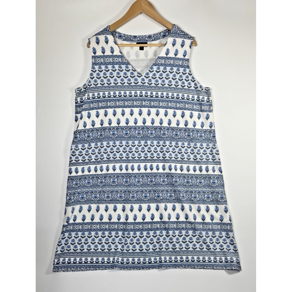 J Jill Wherever Dress Womens XL Petite Blue White Floral Sleeveless Knit Pockets